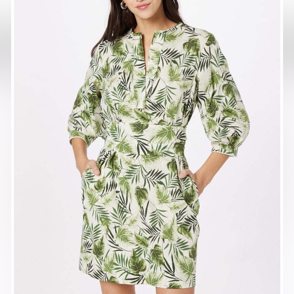Reformation Marella Jervis belted botanical palm print dress in cream and green - Picture 9 of 10